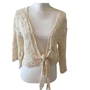 House of Harlow 1960 Crochet Boho Bell Sleeve Tie Front Cardigan Cream
